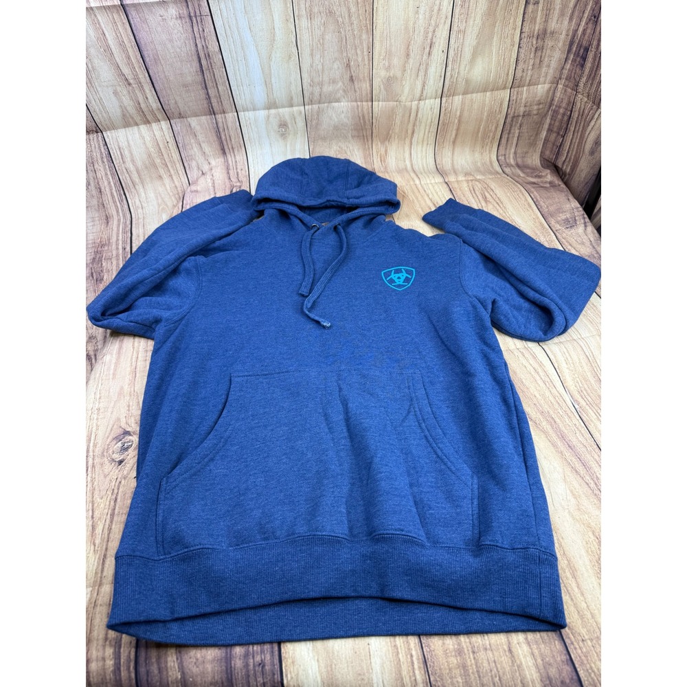 Ariat Mens Blue Graphic Logo Pullover Hoodie Sweatshirt Size Small Heathered